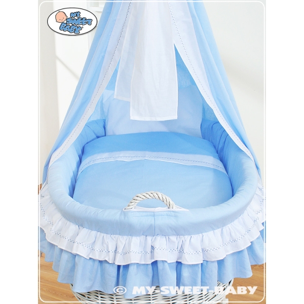 Babywieg op Wielen / Rieten Wieg met Hemeltje Blauw Bellamie