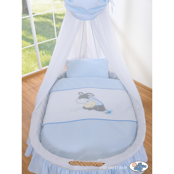 Babywieg op Wielen / Rieten Wieg met Hemeltje -  Blauw Ezel Luca