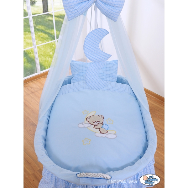 Babywieg op Wielen / Rieten Wieg met Hemeltje -  Blauw Welterusten
