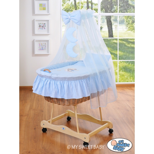 Babywieg op Wielen / Rieten Wieg met Hemeltje -  Blauw Welterusten