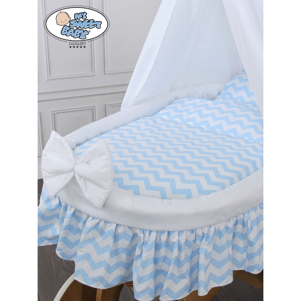Babywieg op Wielen / Rieten Wieg met Hemeltje Blauw Zigzag Hanna