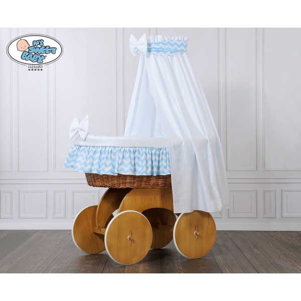 Babywieg op Wielen / Rieten Wieg met Hemeltje Blauw Zigzag Hanna