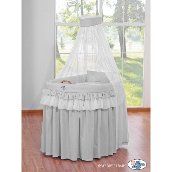 Babywieg op Wielen / Rieten Wieg met Hemeltje -  Grijs Little Prince Princess