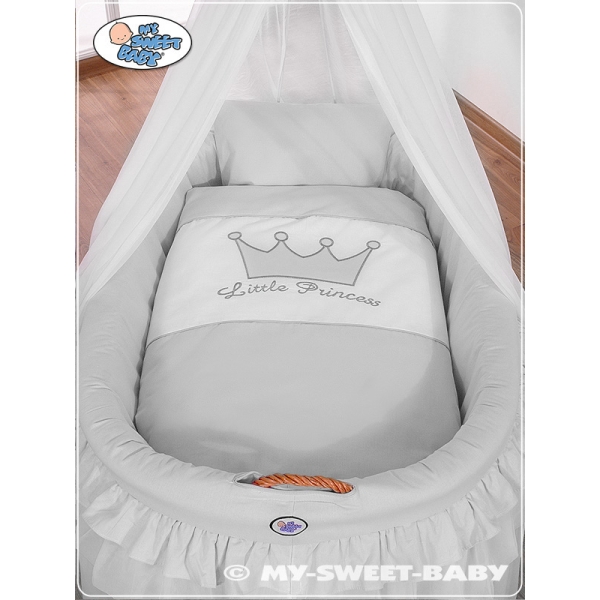 Babywieg op Wielen / Rieten Wieg met Hemeltje -  Grijs Little Prince Princess