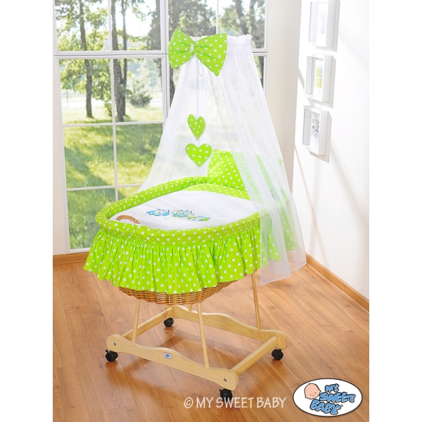 Babywieg op Wielen / Rieten Wieg met Hemeltje -  Groen Gelukkige Uilen