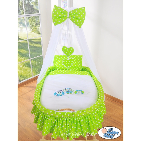 Babywieg op Wielen / Rieten Wieg met Hemeltje -  Groen Gelukkige Uilen