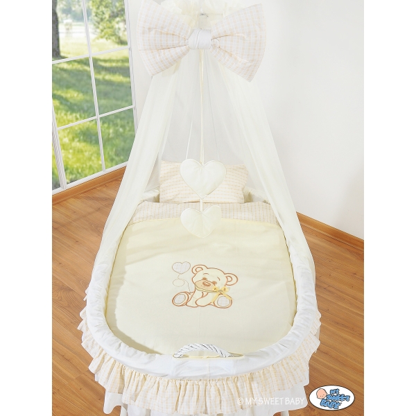 Babywieg op Wielen / Rieten Wieg met Hemeltje -  Ivoor Bear With Bow