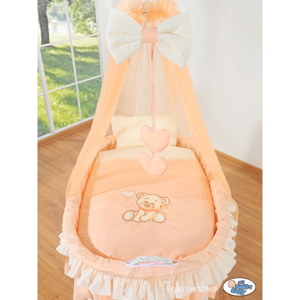 Babywieg op Wielen / Rieten Wieg met Hemeltje -  Perzik Bear With Bow