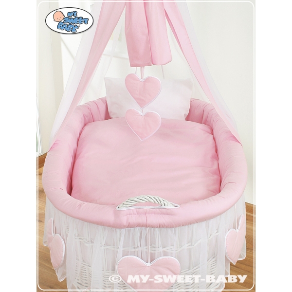 Babywieg op Wielen / Rieten Wieg met Hemeltje Roze Amelie