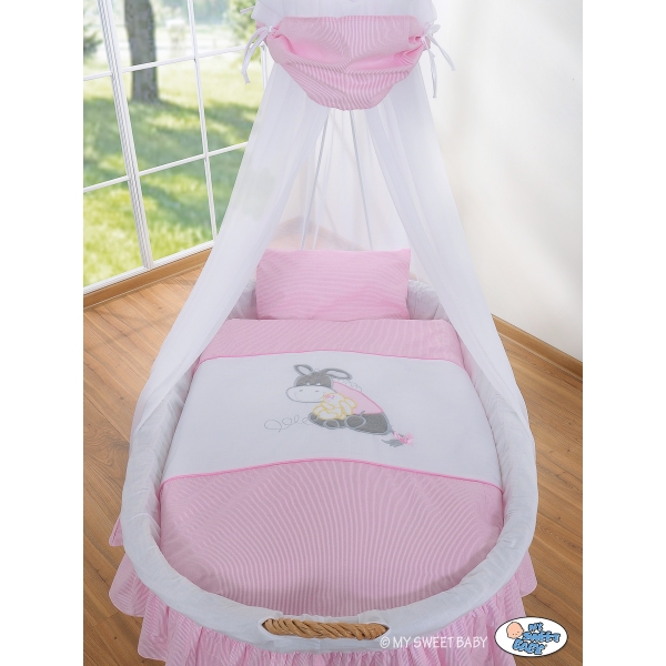 Babywieg op Wielen / Rieten Wieg met Hemeltje -  Roze Ezel Luca