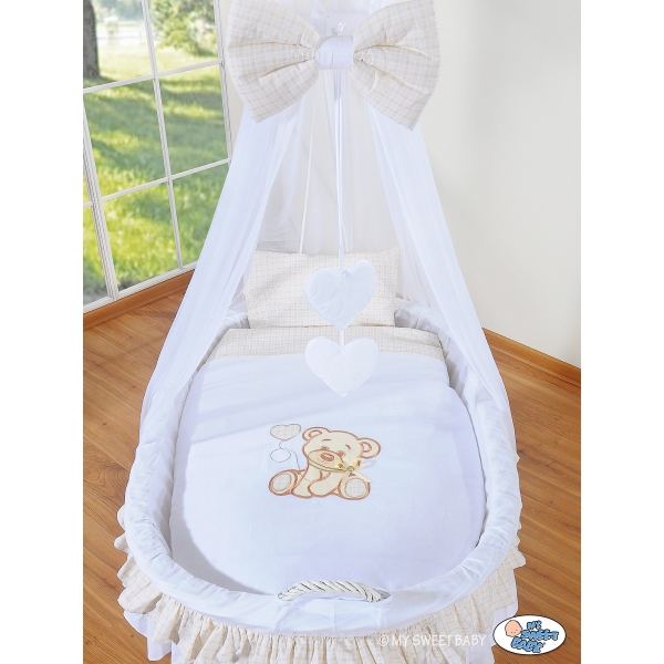 Babywieg op Wielen / Rieten Wieg met Hemeltje -  Wit Bear With Bow