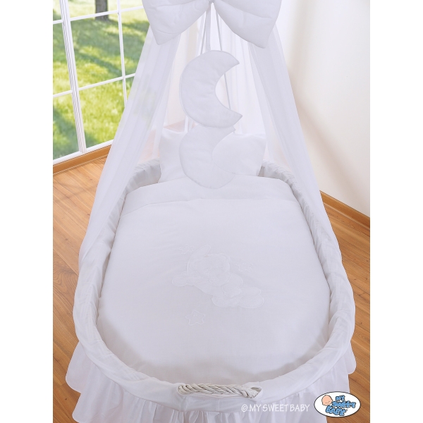Babywieg op Wielen / Rieten Wieg met Hemeltje -  Wit Welterusten