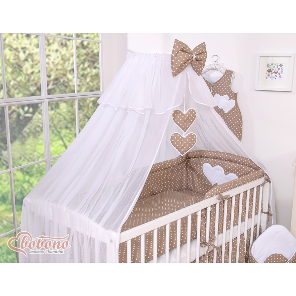Beddengoed voor Babybed 11 st met Hemel Klamboe - Harten Bruin Polkaprikker