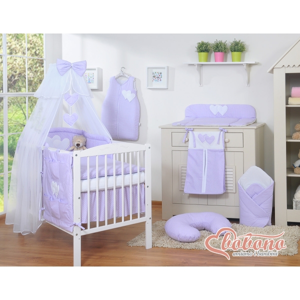 Beddengoed voor Babybed 11 st met Hemel Klamboe - Harten Purper Polkaprikker