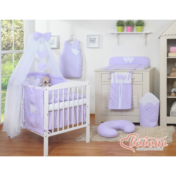 Beddengoed voor Babybed 11 st met Hemel Klamboe - Harten Purper Polkaprikker