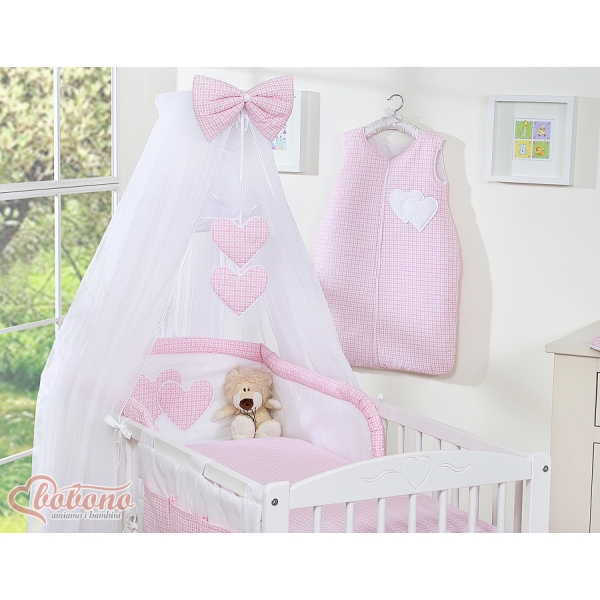 Beddengoed voor Babybed 11 st met Hemel Klamboe - Harten Roze Geruit