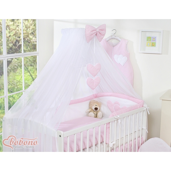 Beddengoed voor Babybed 11 st met Hemel Klamboe - Harten Roze Geruit
