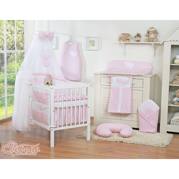 Beddengoed voor Babybed 11 st met Hemel Klamboe - Harten Roze Geruit