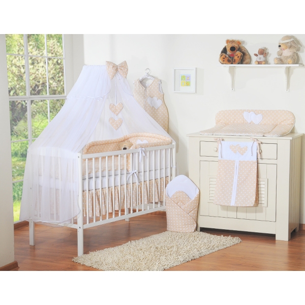 Beddengoed voor Babybed 5 st met Klamboe - Harten Beige Polkaprikker