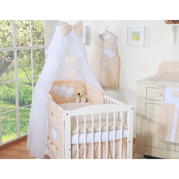 Beddengoed voor Babybed 5 st met Klamboe - Harten Beige Polkaprikker