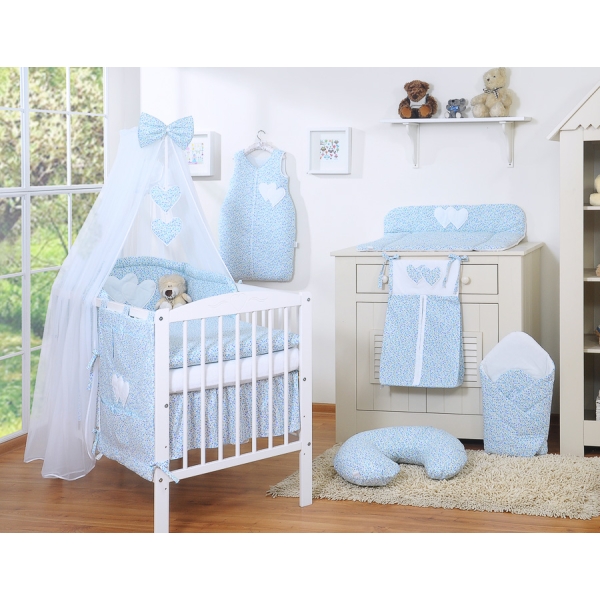 Beddengoed voor Babybed 7 st met Hemel Klamboe - Harten Blauw Bloemenweide Bloemen