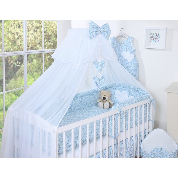 Beddengoed voor Babybed 7 st met Hemel Klamboe - Harten Blauw Bloemenweide Bloemen