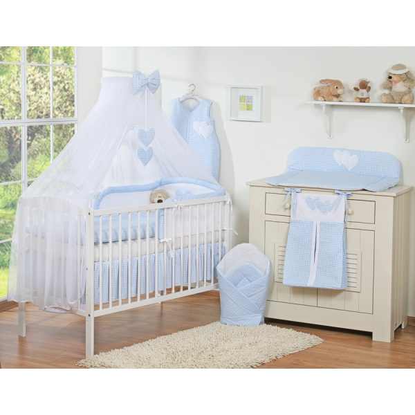 Beddengoed voor Babybed 7 st met Hemel Klamboe - Harten Blauw Geruit