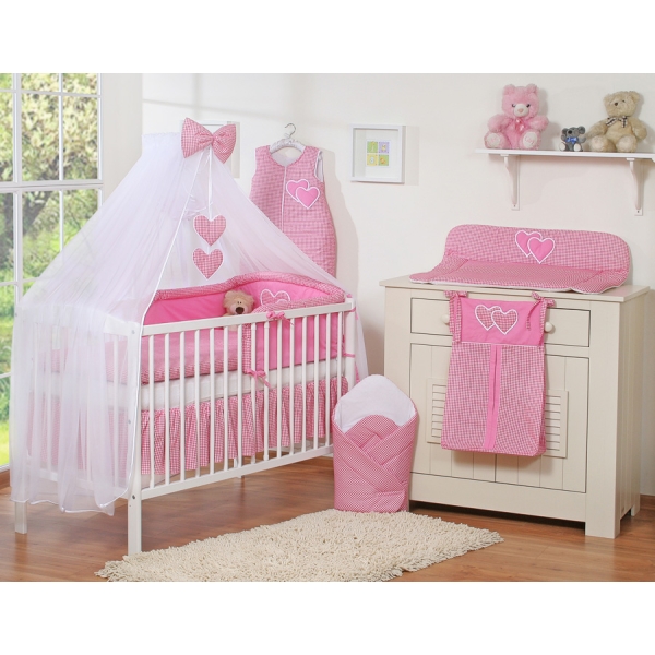 Beddengoed voor Babybed 7 st met Hemel Klamboe - Harten Roze Geruit