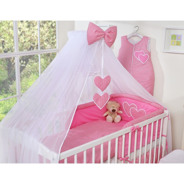 Beddengoed voor Babybed 7 st met Hemel Klamboe - Harten Roze Geruit