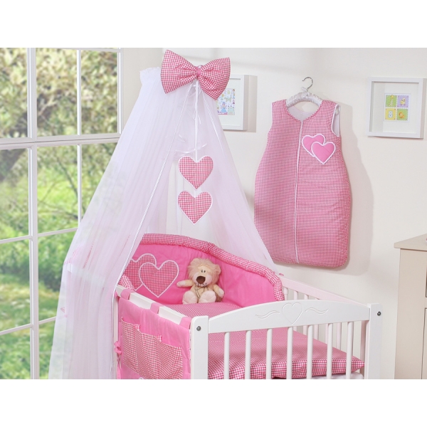 Beddengoed voor Babybed 7 st met Hemel Klamboe - Harten Roze Geruit
