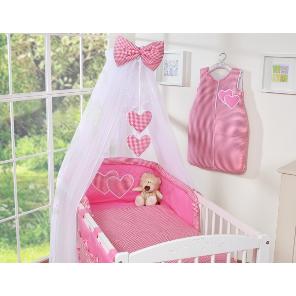 Beddengoed voor Babybed 7 st met Hemel Klamboe - Harten Roze Geruit