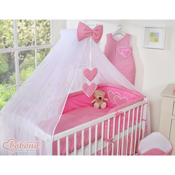 Beddengoed voor Babybed 7 st met Hemel Klamboe - Harten Roze Geruit