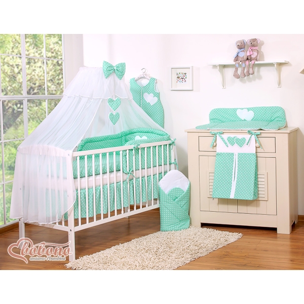Beddengoedset voor Kinderbed 11 st met Klamboe - Harten Mint Polkaprikker