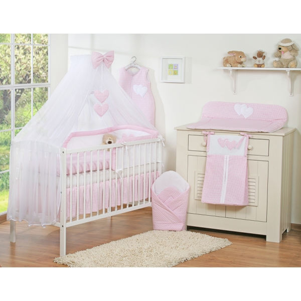 Beddengoedset voor Kinderbed 7 st met Klamboe - Harten Roze Geruit
