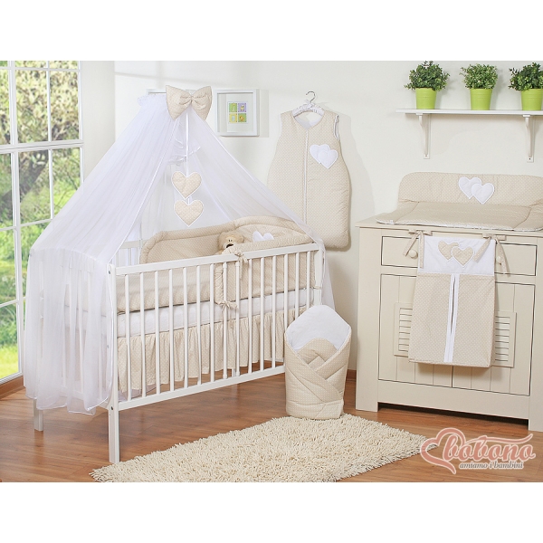 Beddengoedset voor Ledikant 11 st met Muskietennet met sluierstang - Harten Beige Polkaprikker