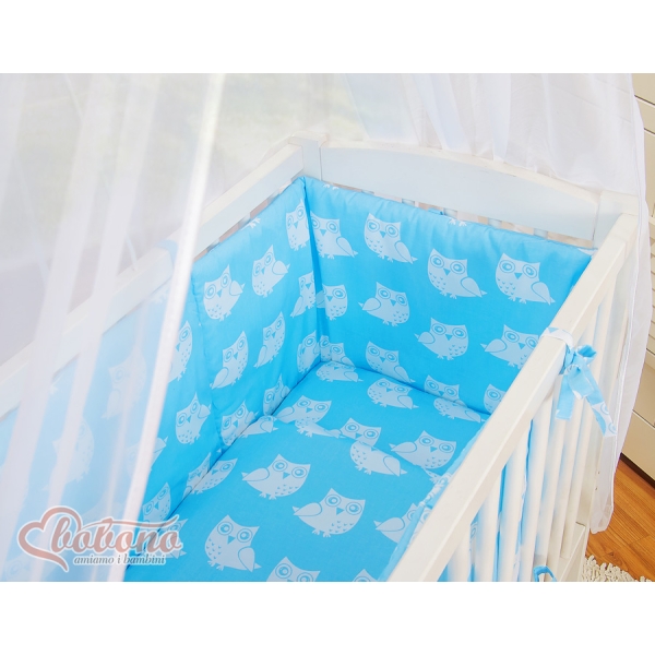 Bedkant Wieg met Matras en beddengoed -  Blauw Gelukkige Uilen