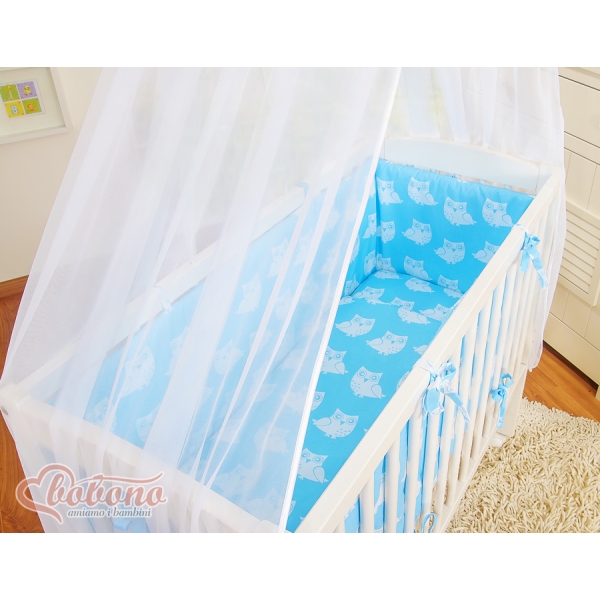 Bedkant Wieg met Matras en beddengoed -  Blauw Gelukkige Uilen