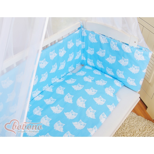 Bedkant Wieg met Matras en beddengoed -  Blauw Gelukkige Uilen
