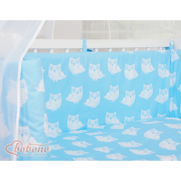 Bedkant Wieg met Matras en beddengoed -  Blauw Gelukkige Uilen