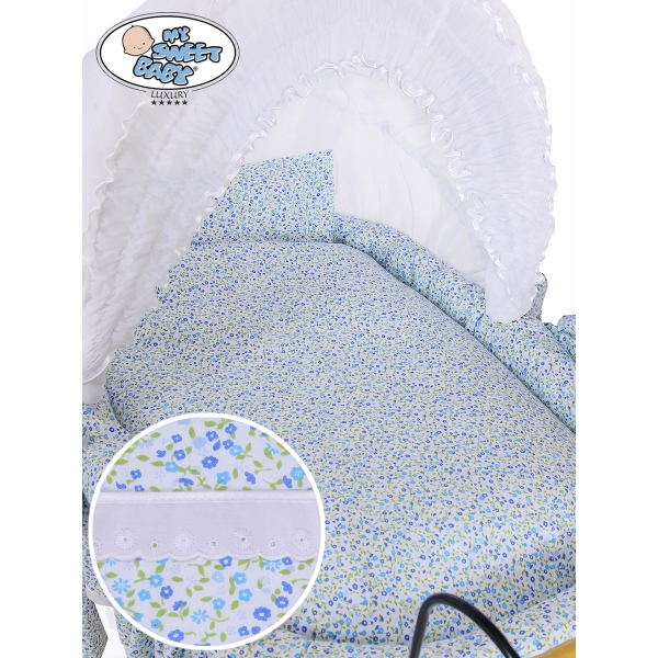 Brocante Babywiegje Rotan Wit Blauw Jasmijn