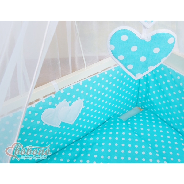 Co-sleeper Kinderbed met Matras en beddengoed -  Turkoois Polkaprikker