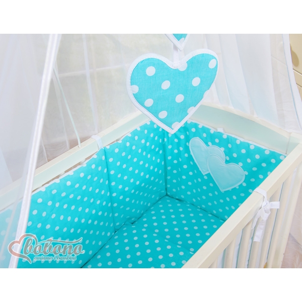 Co-sleeper Kinderbed met Matras en beddengoed -  Turkoois Polkaprikker
