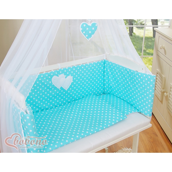 Co-sleeper Kinderbed met Matras en beddengoed -  Turkoois Polkaprikker