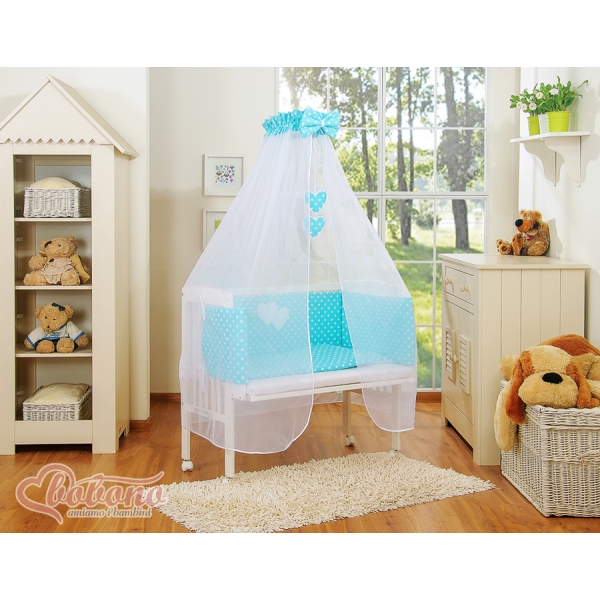 Co-sleeper Kinderbed met Matras en beddengoed -  Turkoois Polkaprikker
