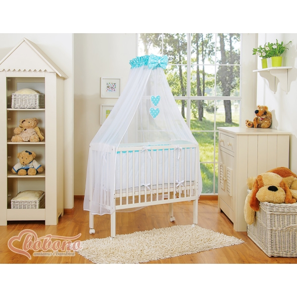 Co-sleeper Kinderbed met Matras en beddengoed -  Turkoois Polkaprikker