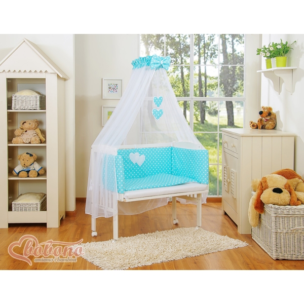 Co-sleeper Kinderbed met Matras en beddengoed -  Turkoois Polkaprikker