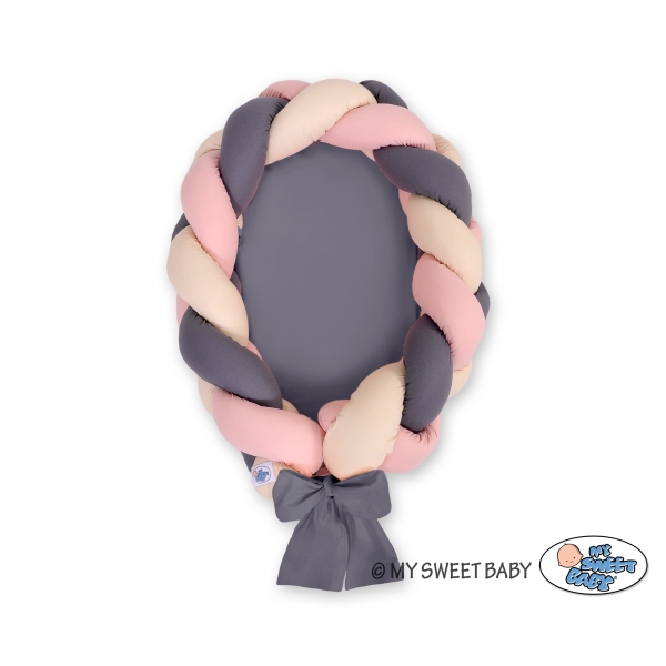 Gevlochten Babynest Geknoopte Bedbumper & Matras 2 in 1 Beige Antraciet Stofroze