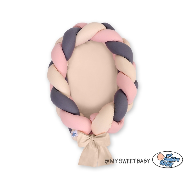 Gevlochten Babynest Geknoopte Bedbumper & Matras 2 in 1 Beige Antraciet Stofroze