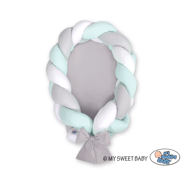 Gevlochten Babynest Geknoopte Bedbumper & Matras 2 in 1 Mint Wit Grijs
