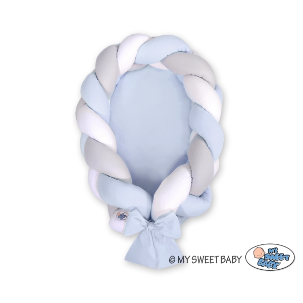 Gevlochten Babynest Geknoopte Bedbumper & Matras 2 in 1 Wit Grijs Blauw
